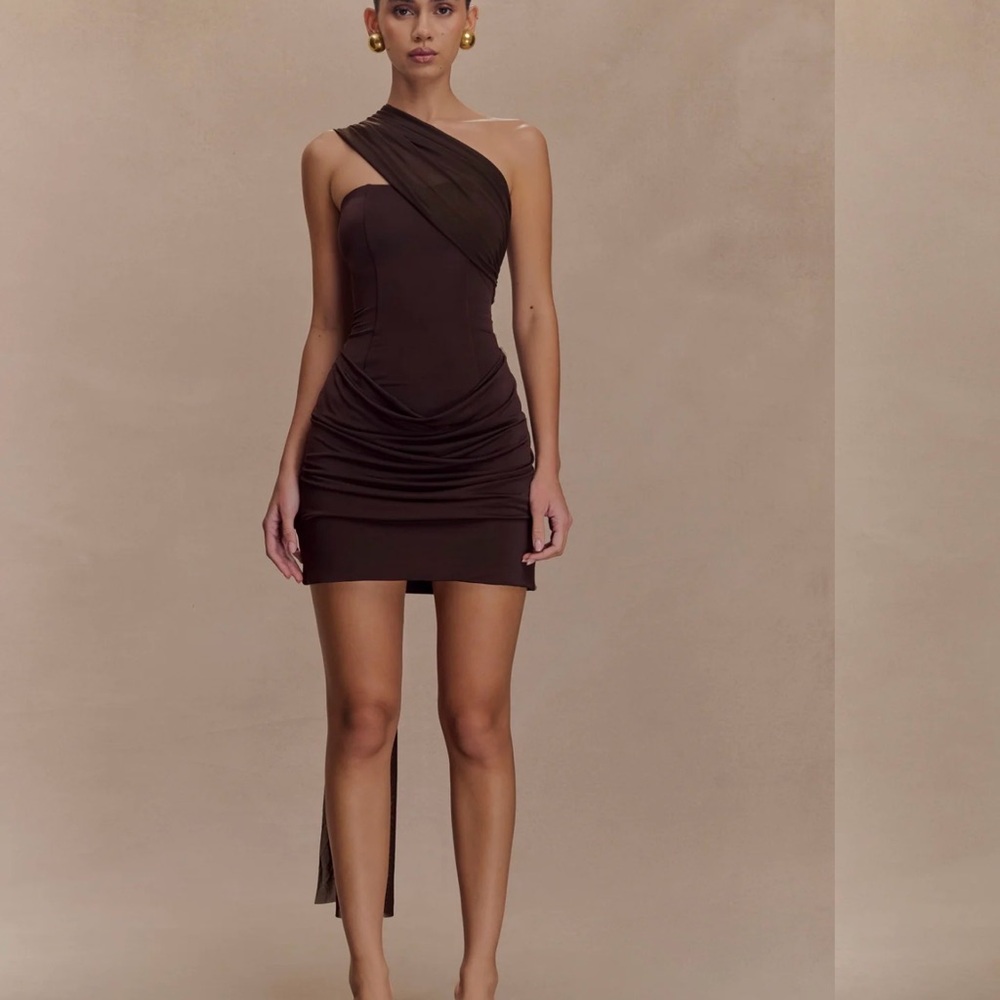 Meshki Mattea Slinky And Mesh Mini Dress With Scarf - Dark Chocolate